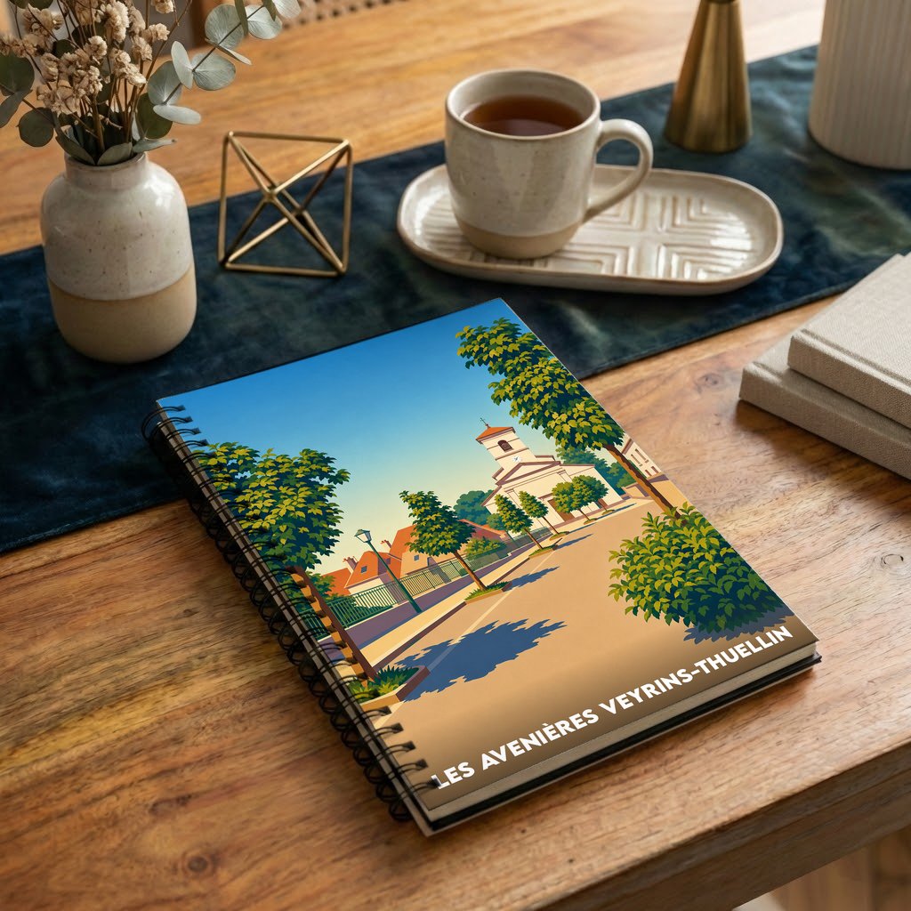 Carnet à spirales souvenir de la ville de Les Avenières Veyrins-Thuellin avec une illustration stylisée.