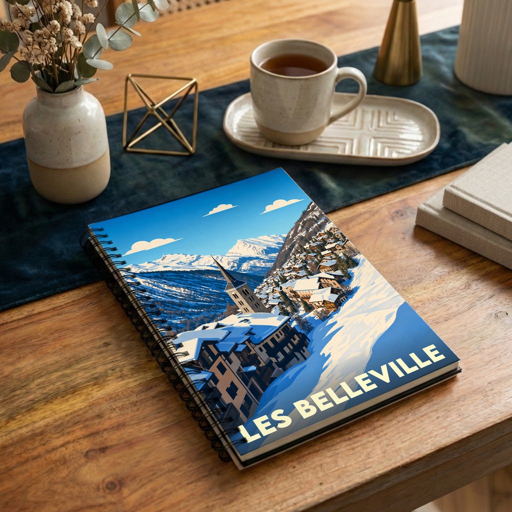 Carnet à spirales souvenir de la ville de Les Belleville avec une illustration montrant un village de montagne enneigé.