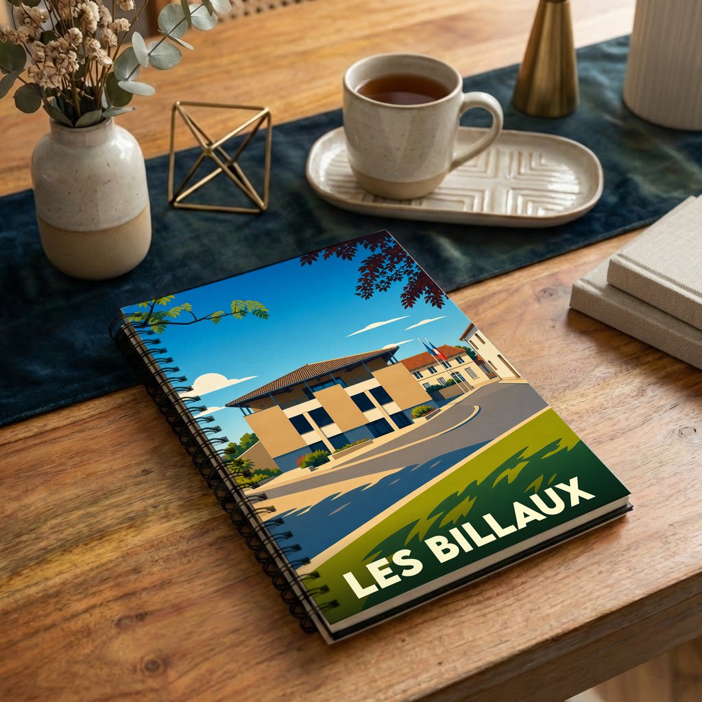 Carnet de notes souvenir de la ville de Les Billaux avec une illustration stylisée.