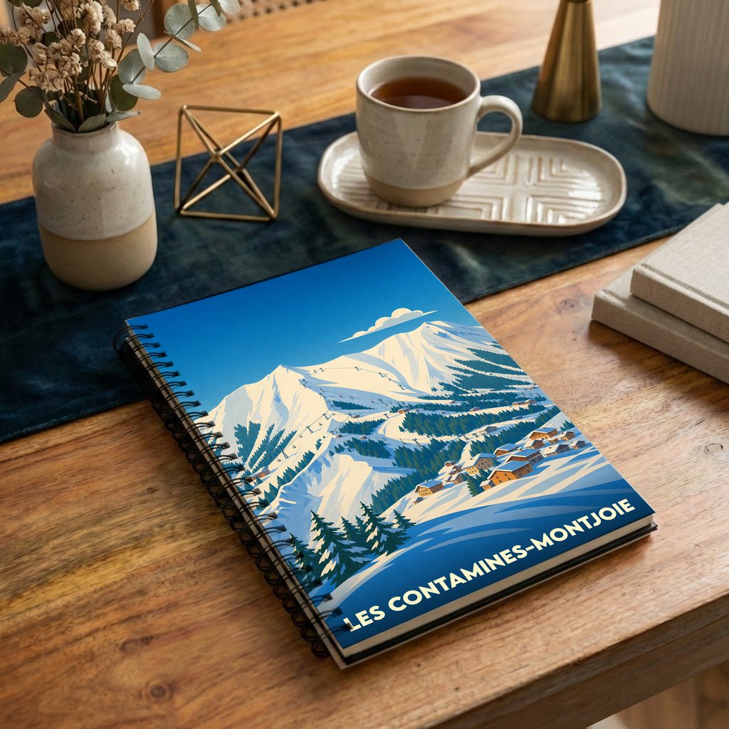 Carnet de notes souvenir de la ville de Les Contamines-Montjoie avec une illustration hivernale stylisée des montagnes et du village.