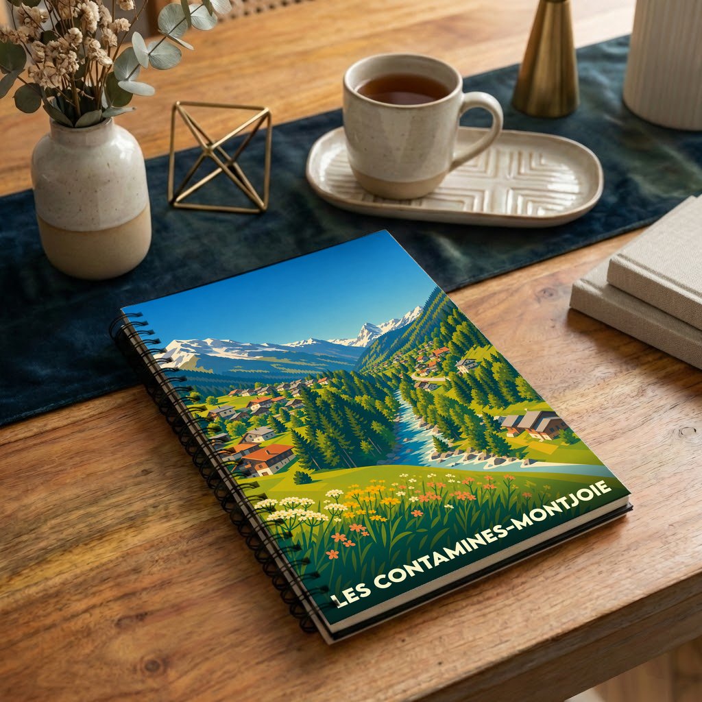Carnet à spirales souvenir de la ville de Les Contamines-Montjoie avec une illustration stylisée d'un paysage de montagne.