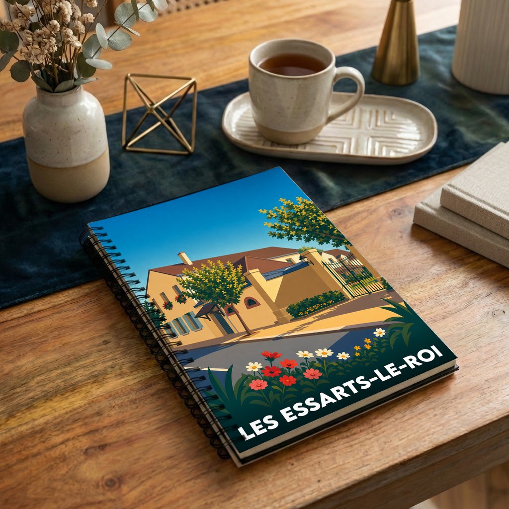 Carnet de notes à spirales souvenir de la ville de Les Essarts-le-Roi avec une illustration stylisée et colorée.