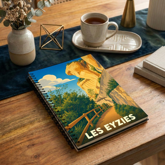 Carnet à spirales souvenir de la ville de Les Eyzies avec une illustration stylisée de ses falaises.