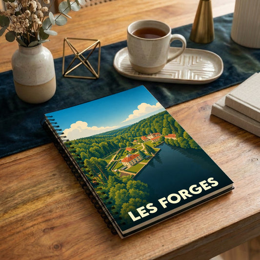 Carnet souvenir de la ville de Les Forges avec une illustration stylisée d'un paysage lacustre.