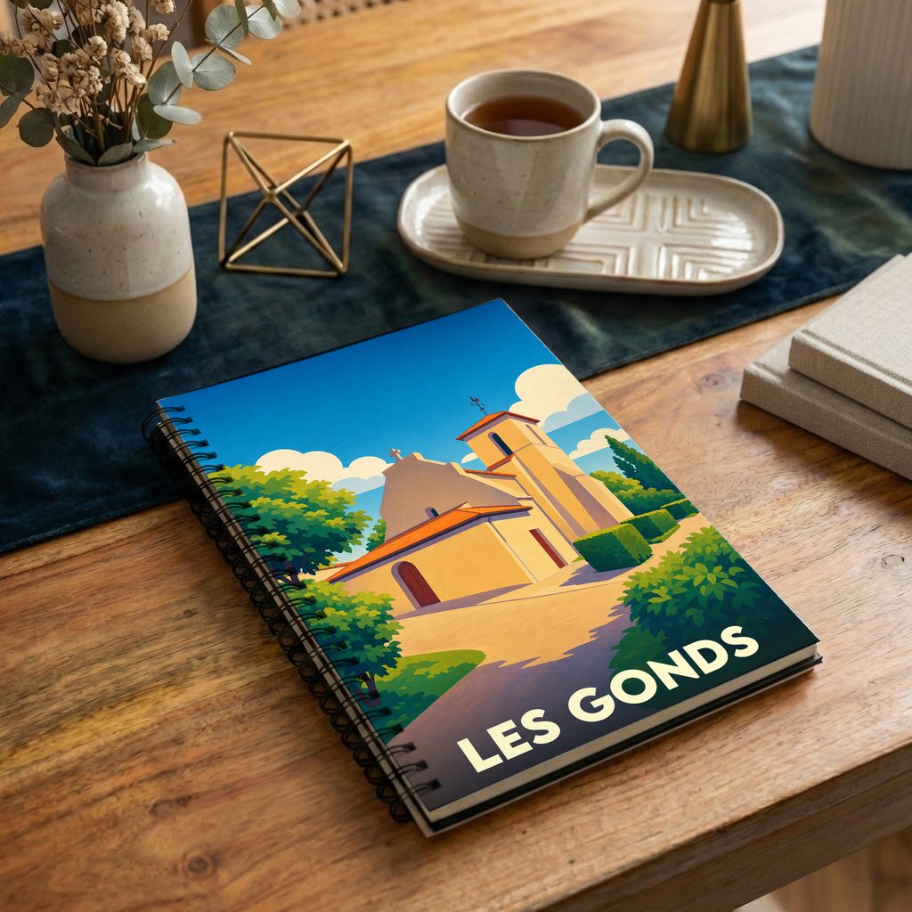Carnet de notes souvenir de la ville de Les Gonds orné d'une illustration stylisée de son église.