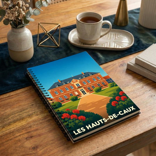 Carnet de notes souvenir de la ville de Les Hauts-de-Caux avec une illustration stylisée de château.