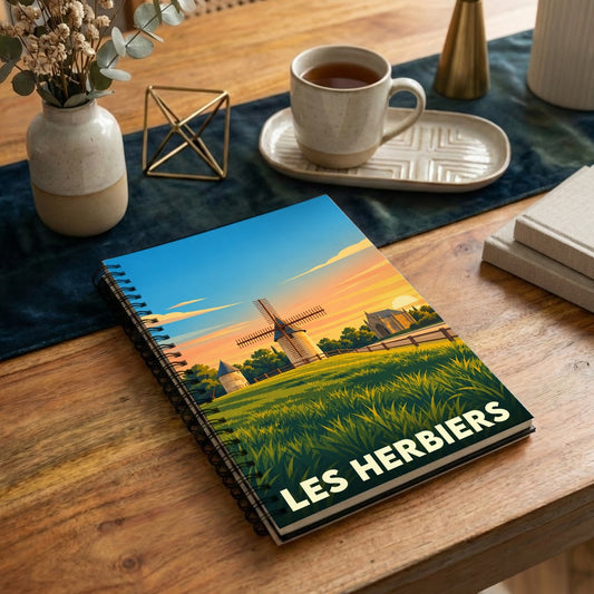 Carnet à spirales souvenir de la ville des Herbiers avec une illustration stylisée d'un moulin au coucher du soleil.