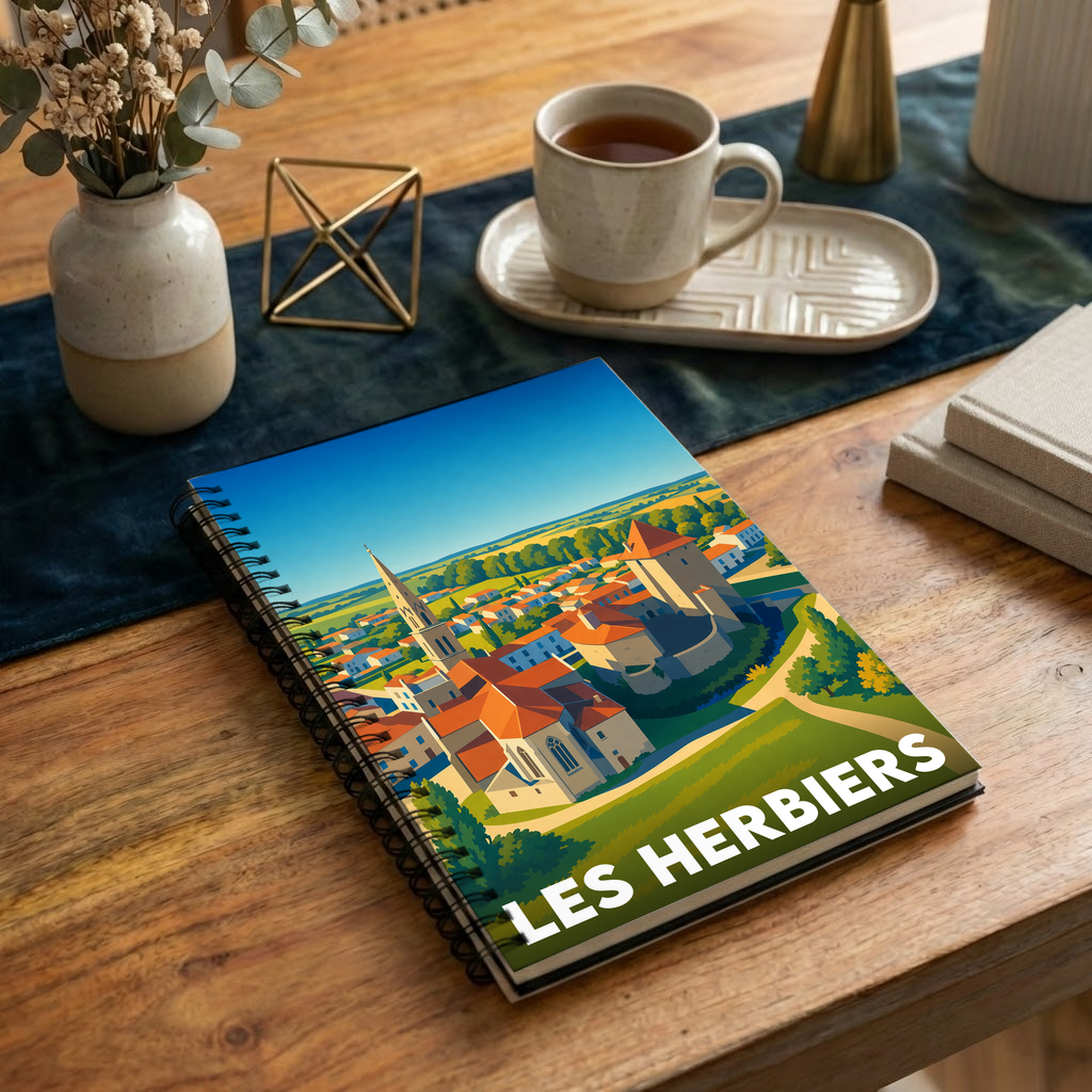 Carnet à spirales souvenir de la ville de Les Herbiers avec une illustration stylisée et colorée.