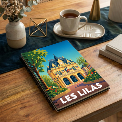Carnet à spirales souvenir de la ville de Les Lilas avec une illustration stylisée de l'hôtel de ville.