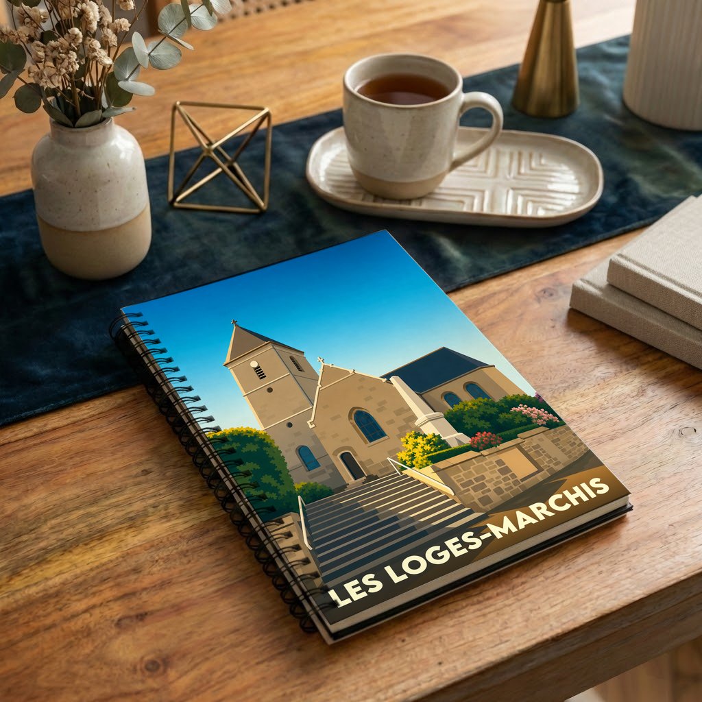 Carnet à spirales souvenir de la ville de Les Loges-Marchis avec une illustration stylisée de son église.
