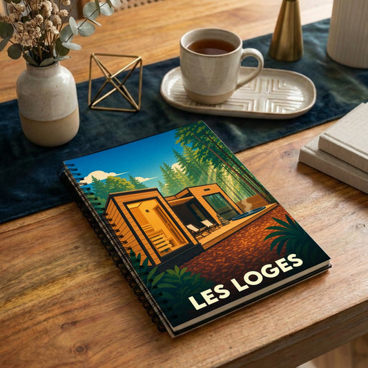 Carnet à spirales souvenir de la ville de Les Loges avec une illustration stylisée d'un chalet moderne en forêt.