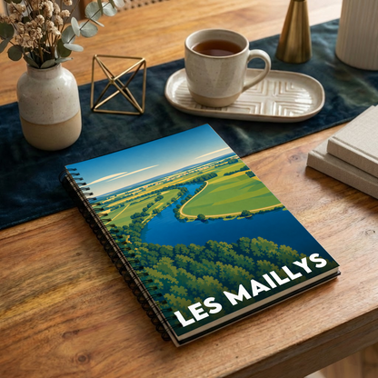 Carnet souvenir de la ville de Les Maillys avec une illustration paysagère stylisée.