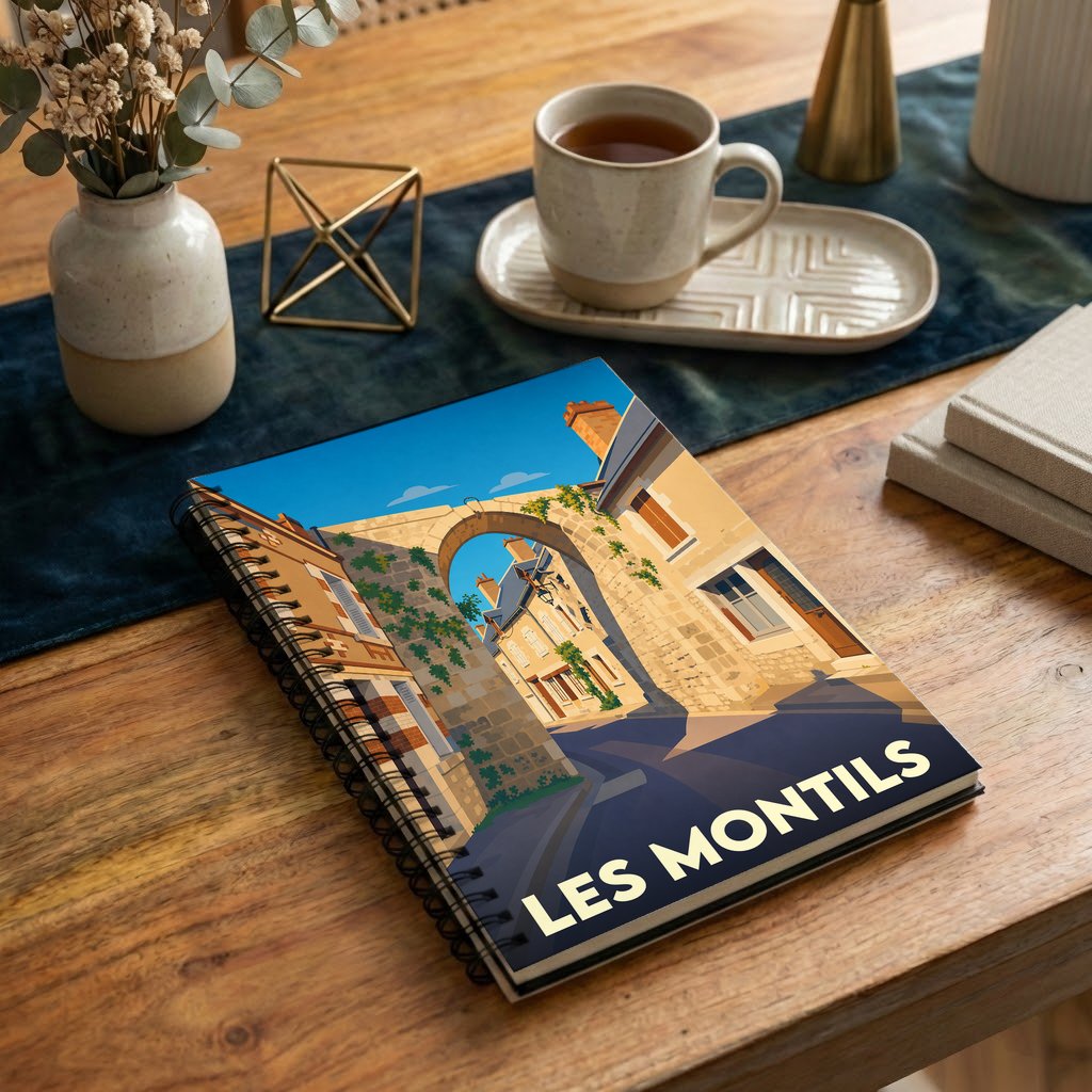 Carnet souvenir de la ville de Les Montils avec une illustration stylisée d'un passage voûté ensoleillé.