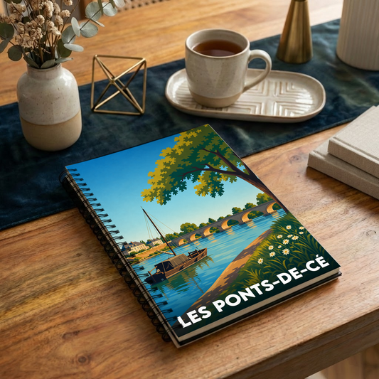Carnet souvenir de la ville de Les Ponts-de-Cé avec une illustration stylisée d'un paysage fluvial.