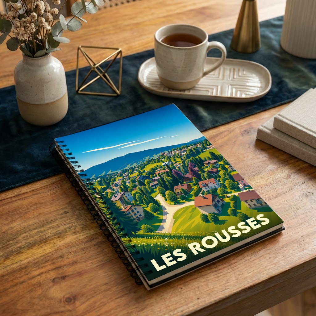 Carnet de notes souvenir de la ville de Les Rousses avec une illustration stylisée de son paysage vallonné.
