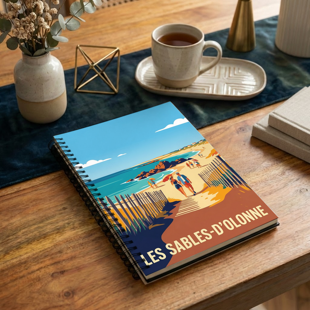 Carnet souvenir de la ville de Les Sables-d'Olonne avec une illustration stylisée de la plage.