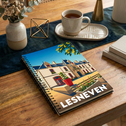 Carnet à spirales souvenir de la ville de Lesneven avec une illustration stylisée de son hôtel de ville.