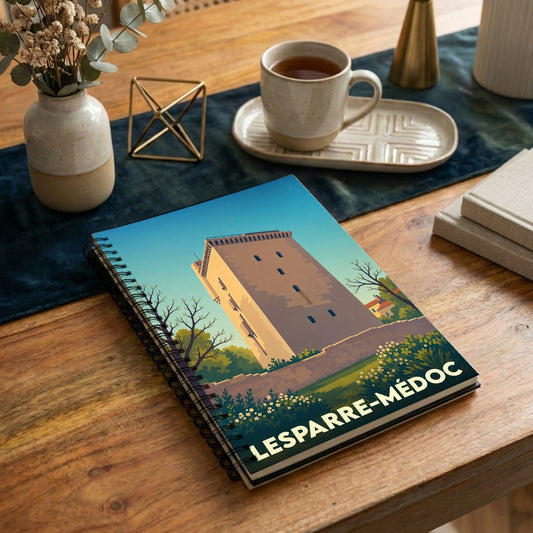 Carnet souvenir de la ville de Lesparre-Médoc avec une illustration stylisée d'une tour médiévale.