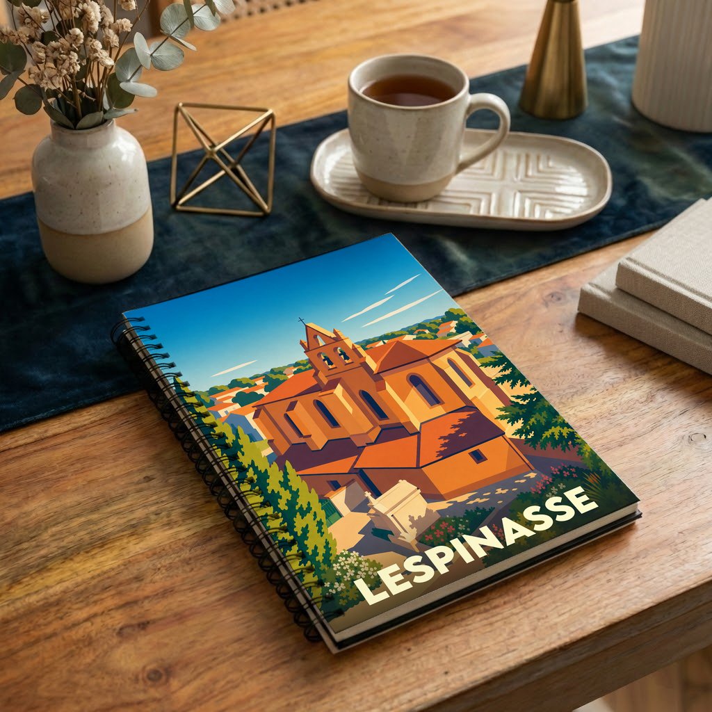 Carnet souvenir de la ville de Lespinasse avec une illustration stylisée d'une église sous un ciel bleu.