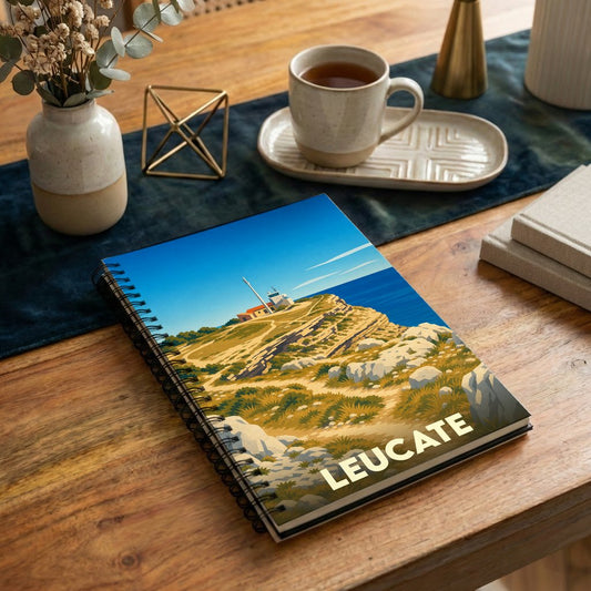 Carnet à spirales souvenir de la ville de Leucate avec une illustration stylisée de son phare et de ses falaises.