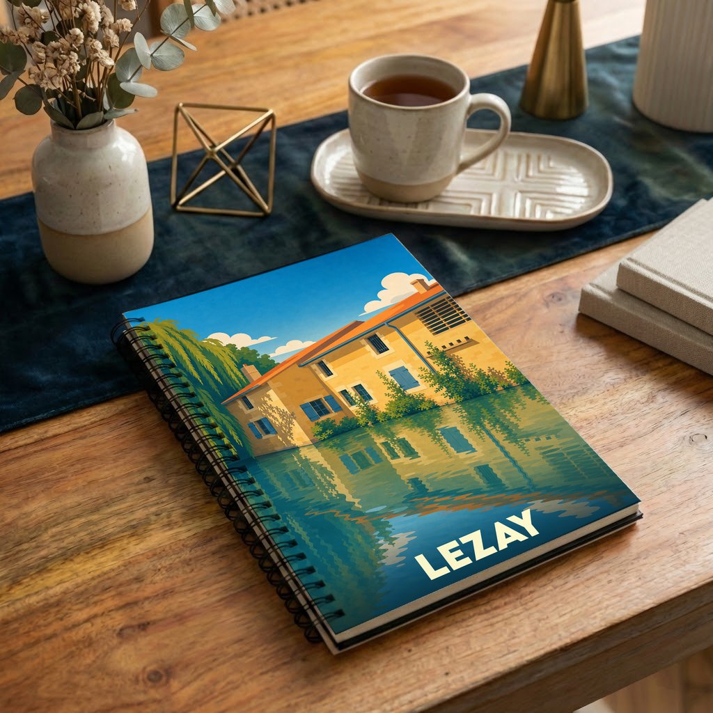 Carnet souvenir de la ville de Lezay avec une illustration stylisée d'une maison au bord de l'eau.