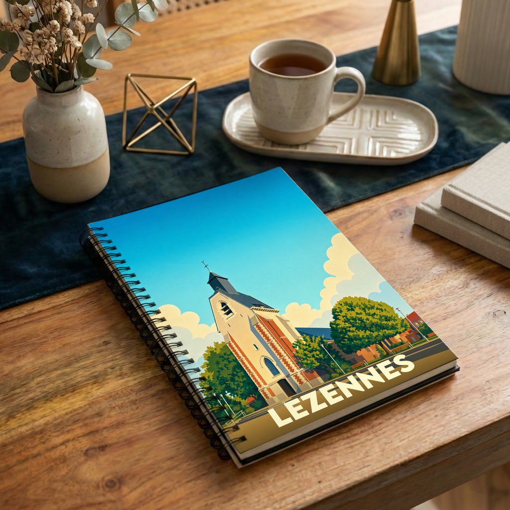 Carnet souvenir de la ville de Lezennes avec une illustration stylisée d'une église sous un ciel bleu.