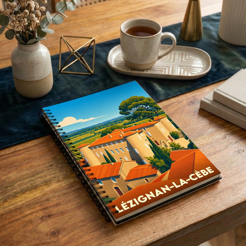 Carnet souvenir de la ville de Lézignan-la-Cèbe avec une illustration stylisée de ses paysages et toitures méridionales.