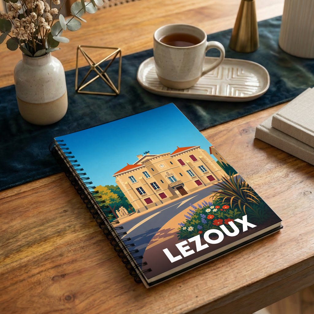 Carnet souvenir de la ville de Lezoux avec une illustration stylisée de son patrimoine.