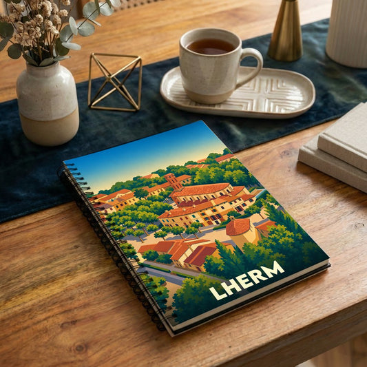 Carnet à spirales souvenir de la ville de Lherm avec une illustration stylisée et colorée.
