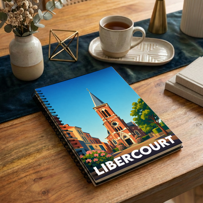 Carnet à spirales souvenir de la ville de Libercourt avec une illustration stylisée de son église et de ses rues.