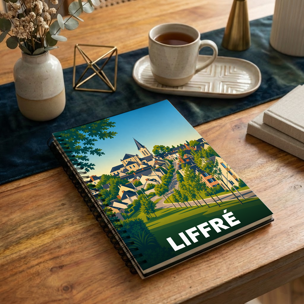 Carnet à spirales souvenir de la ville de Liffré avec une illustration stylisée et colorée.