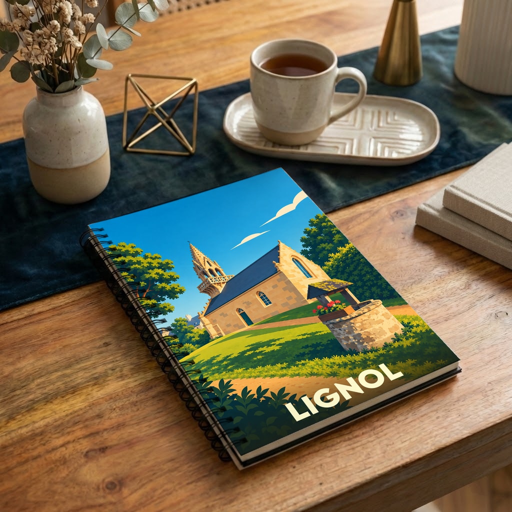 Carnet à spirales souvenir de la ville de Lignol avec une illustration stylisée de son église.