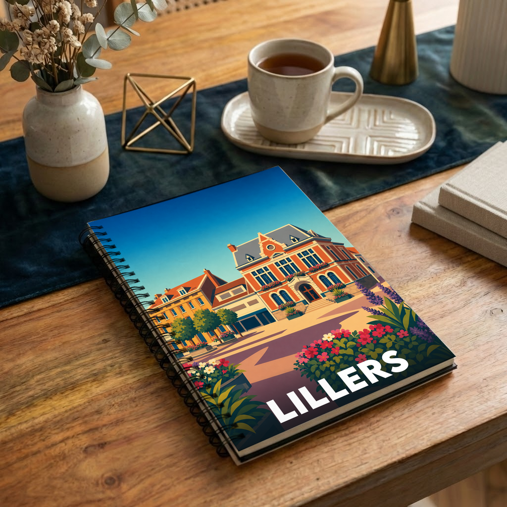 Carnet souvenir de la ville de Lillers avec une illustration colorée et stylisée de son architecture.