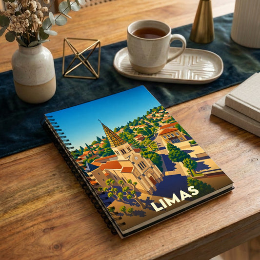 Carnet de notes souvenir de la ville de Limas avec une illustration graphique colorée de son église.