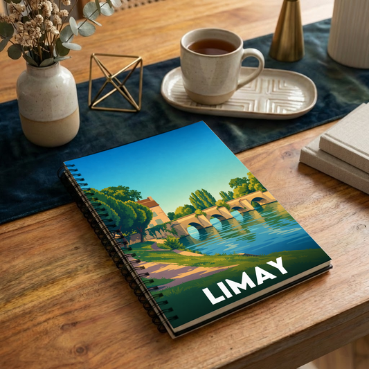 Carnet à spirales souvenir de la ville de Limay avec une illustration stylisée de son vieux pont.