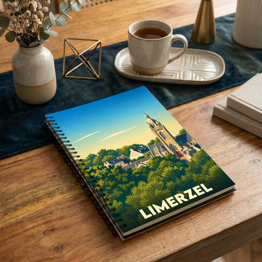 Carnet de notes à spirales souvenir de la ville de Limerzel avec une illustration stylisée de son clocher émergeant des arbres.