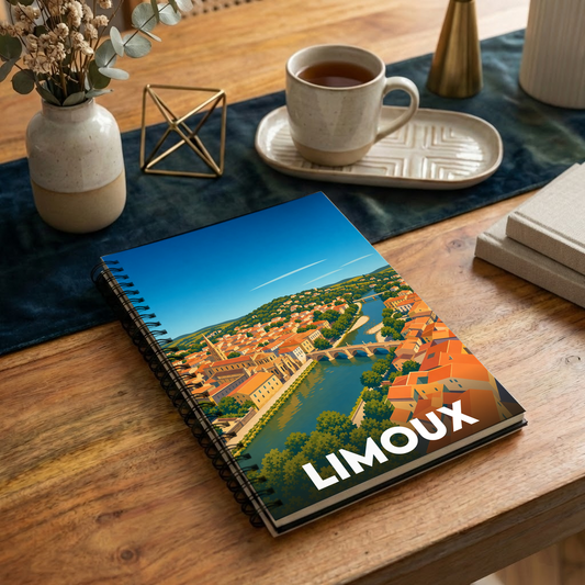 Carnet à spirales souvenir de la ville de Limoux avec une illustration stylisée et colorée.