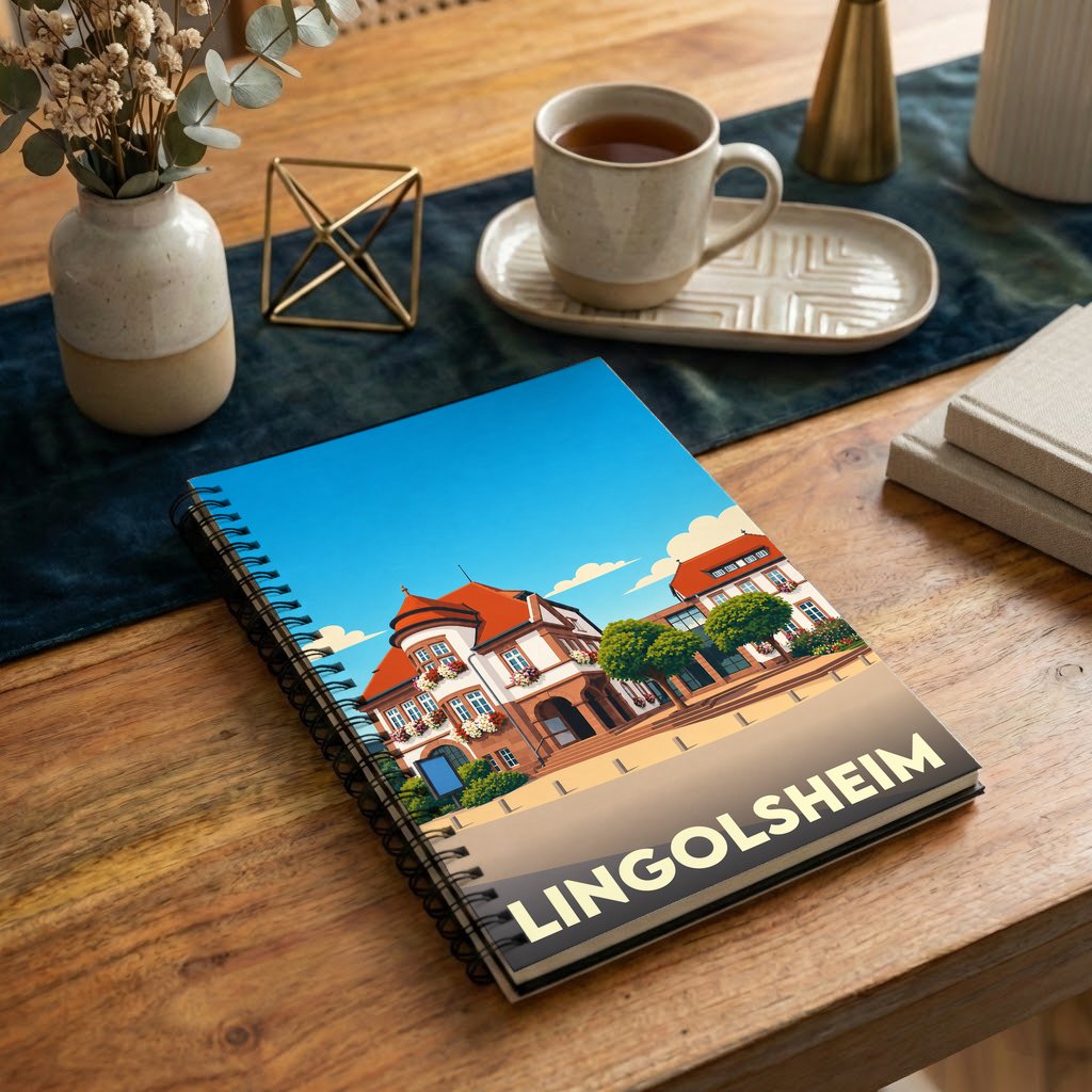 Carnet souvenir de la ville de Lingolsheim avec une illustration stylisée d'un bâtiment typique.
