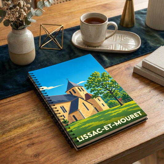 Carnet à spirales souvenir de la ville de Lissac-et-Mouret avec une illustration stylisée de son église.
