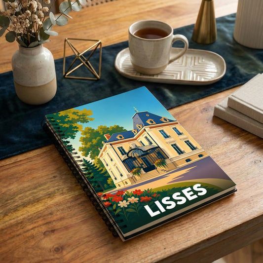 Carnet à spirales souvenir de la ville de Lisses avec une illustration stylisée d'un manoir.