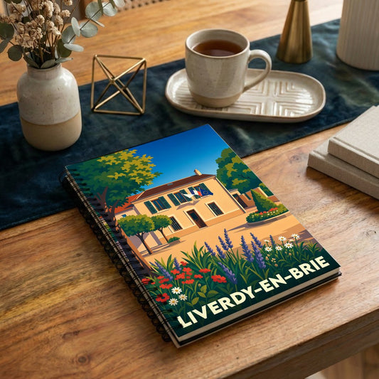 Carnet souvenir de la ville de Liverdy-en-Brie avec une illustration stylisée de sa mairie et de jardins fleuris.