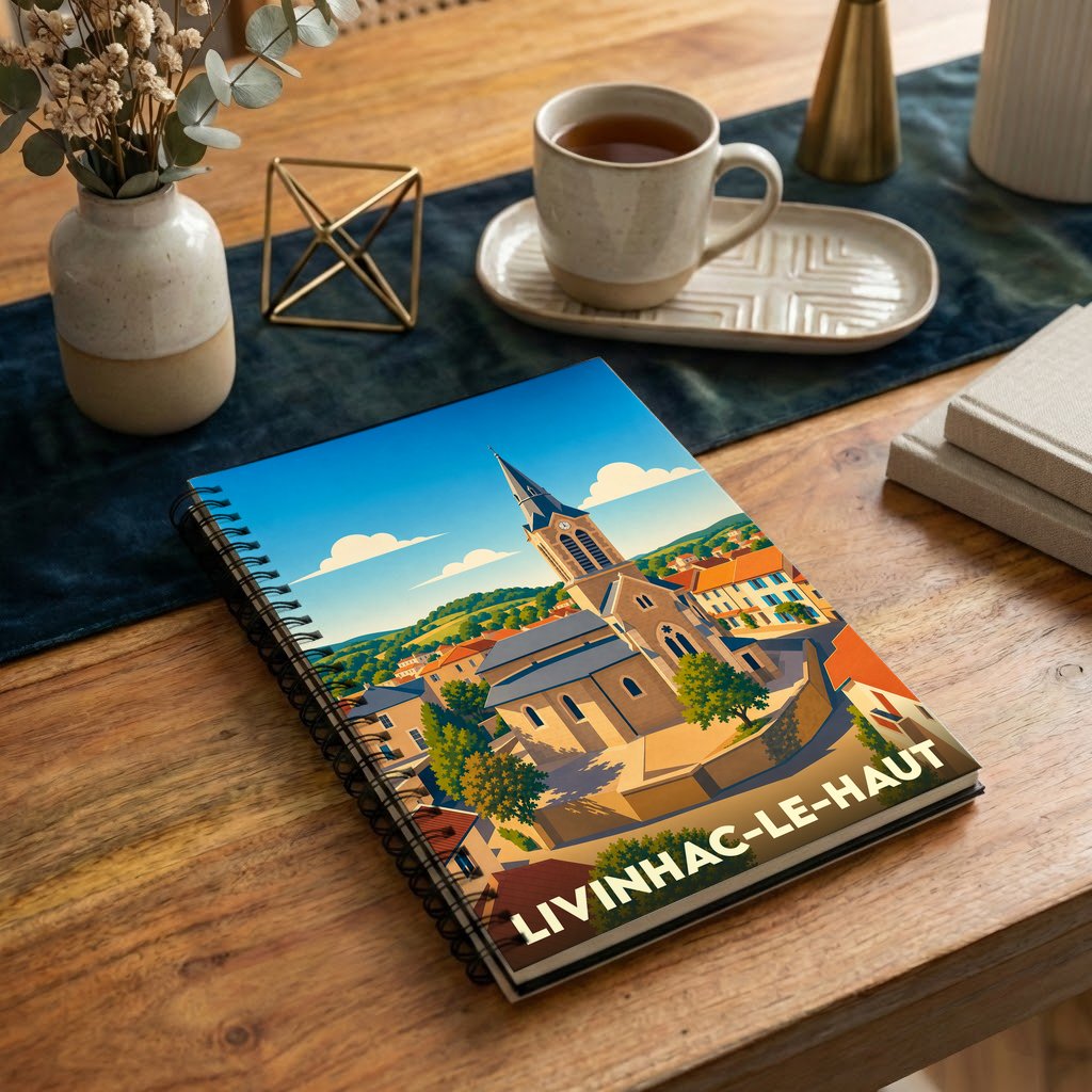 Carnet souvenir de la ville de Livinhac-le-Haut avec une illustration stylisée.