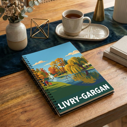 Carnet à spirales souvenir de Livry-Gargan avec une illustration stylisée d'un parc.
