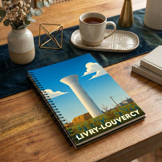 Carnet souvenir de la ville de Livry-Louvercy illustré par un dessin stylisé de son château d'eau.