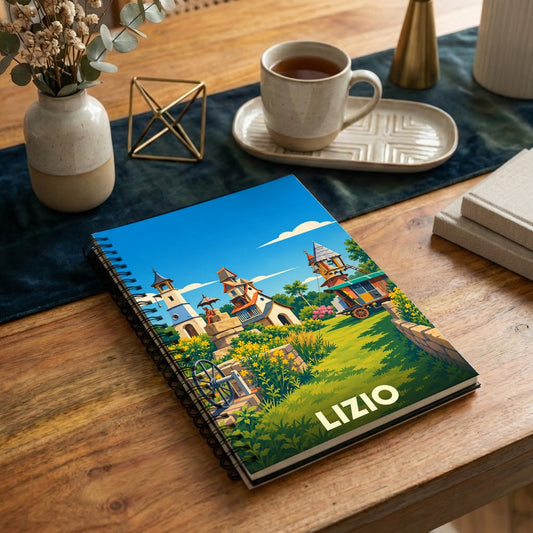 Carnet souvenir de la ville de Lizio avec une illustration stylisée et colorée.