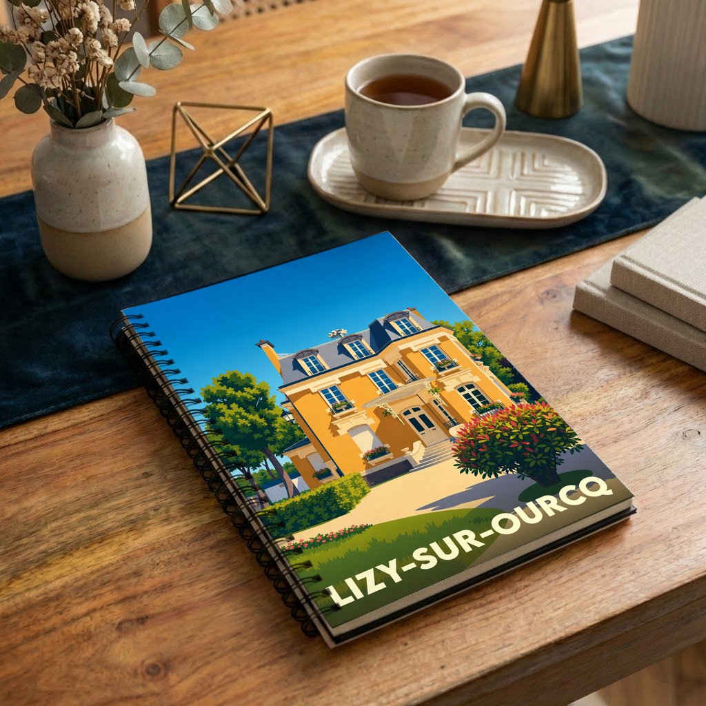 Carnet de notes souvenir de la ville de Lizy-sur-Ourcq illustré par un manoir de style rétro.