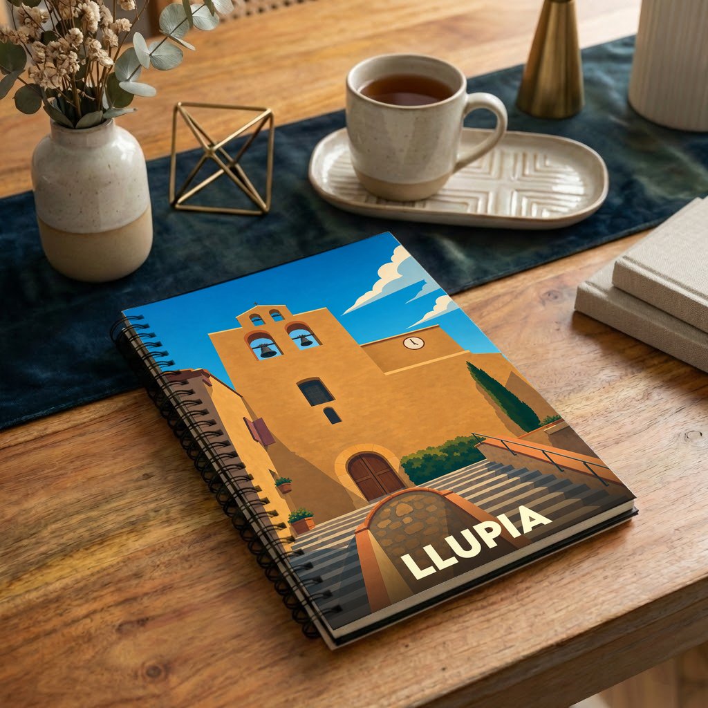 Carnet à spirales souvenir de la ville de Llupia avec une illustration stylisée d'une église ensoleillée.