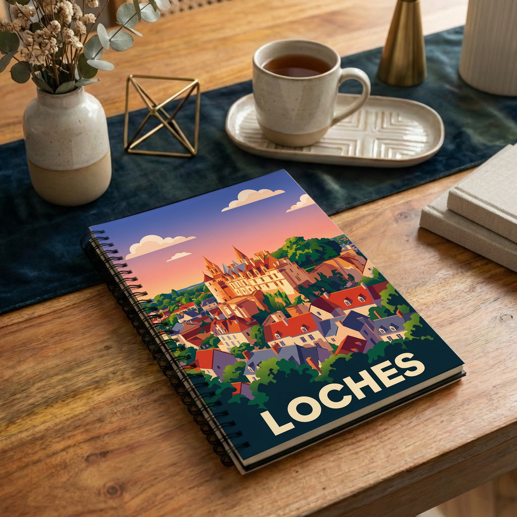 Carnet souvenir de la ville de Loches avec une illustration stylisée.