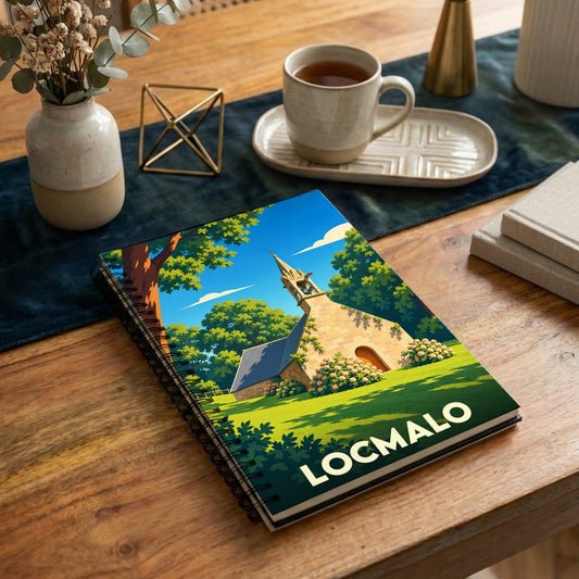 Carnet à spirales souvenir de la ville de Locmalo avec une illustration stylisée de sa chapelle.