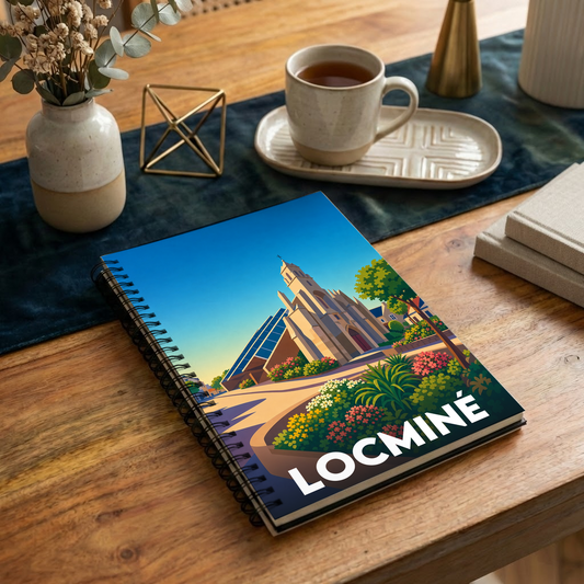 Carnet souvenir de la ville de Locminé avec une illustration graphique et colorée.